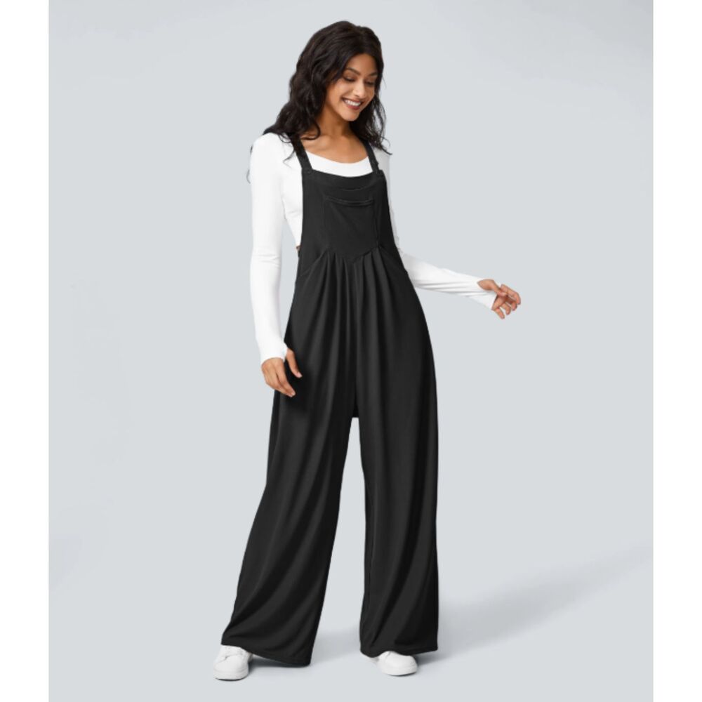 Halara Black Pockets Waffle Casual Overalls Wide Leg Size L 12/14 NWT